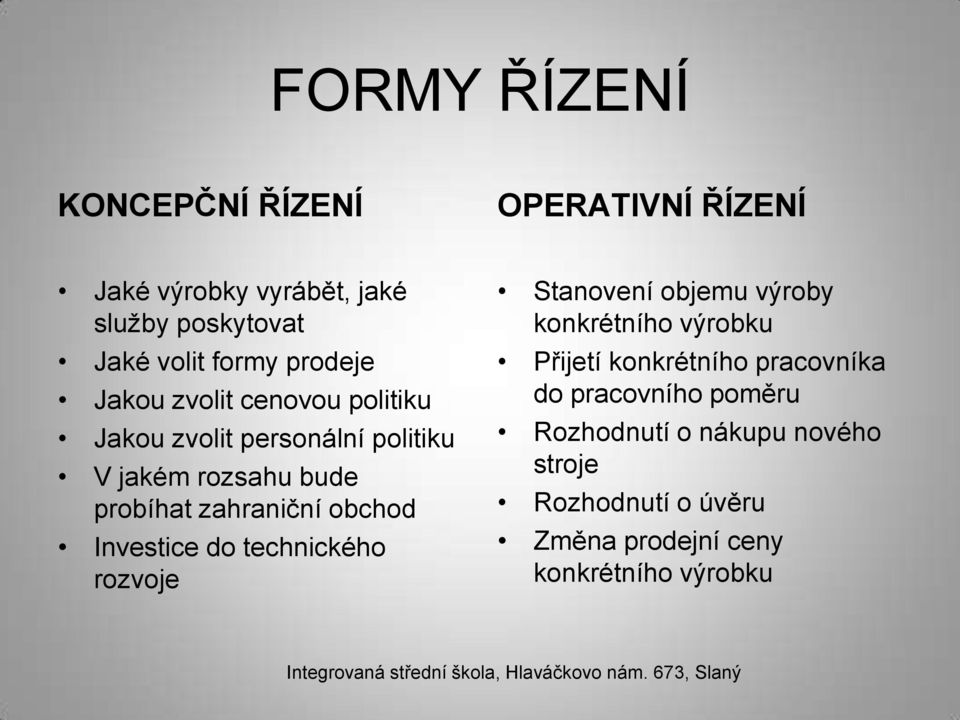 obchod Investice do technického rozvoje Stanovení objemu výroby konkrétního výrobku Přijetí konkrétního