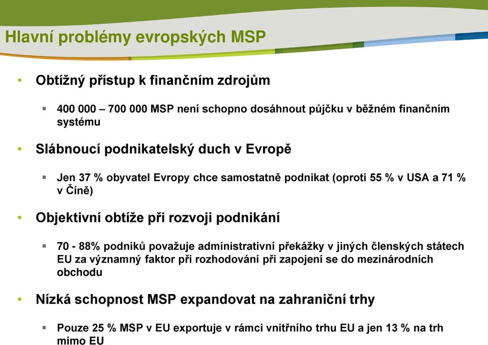 rozvoji podnikání 70-88% podniků považuje administrativní překážky v jiných členských státech EU za významný faktor při rozhodování při zapojení se