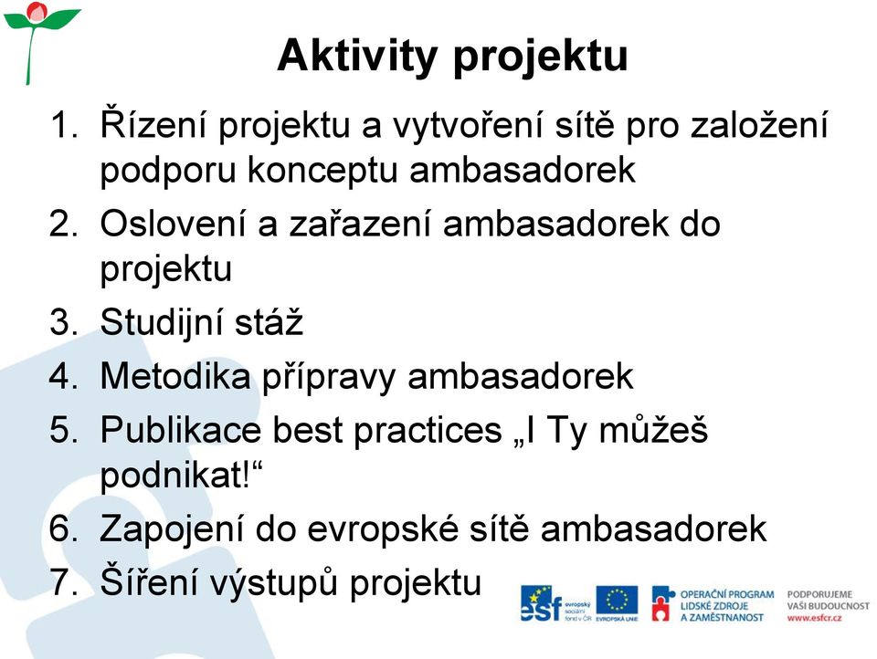 Oslovení a zařazení ambasadorek do projektu 3. Studijní stáž 4.