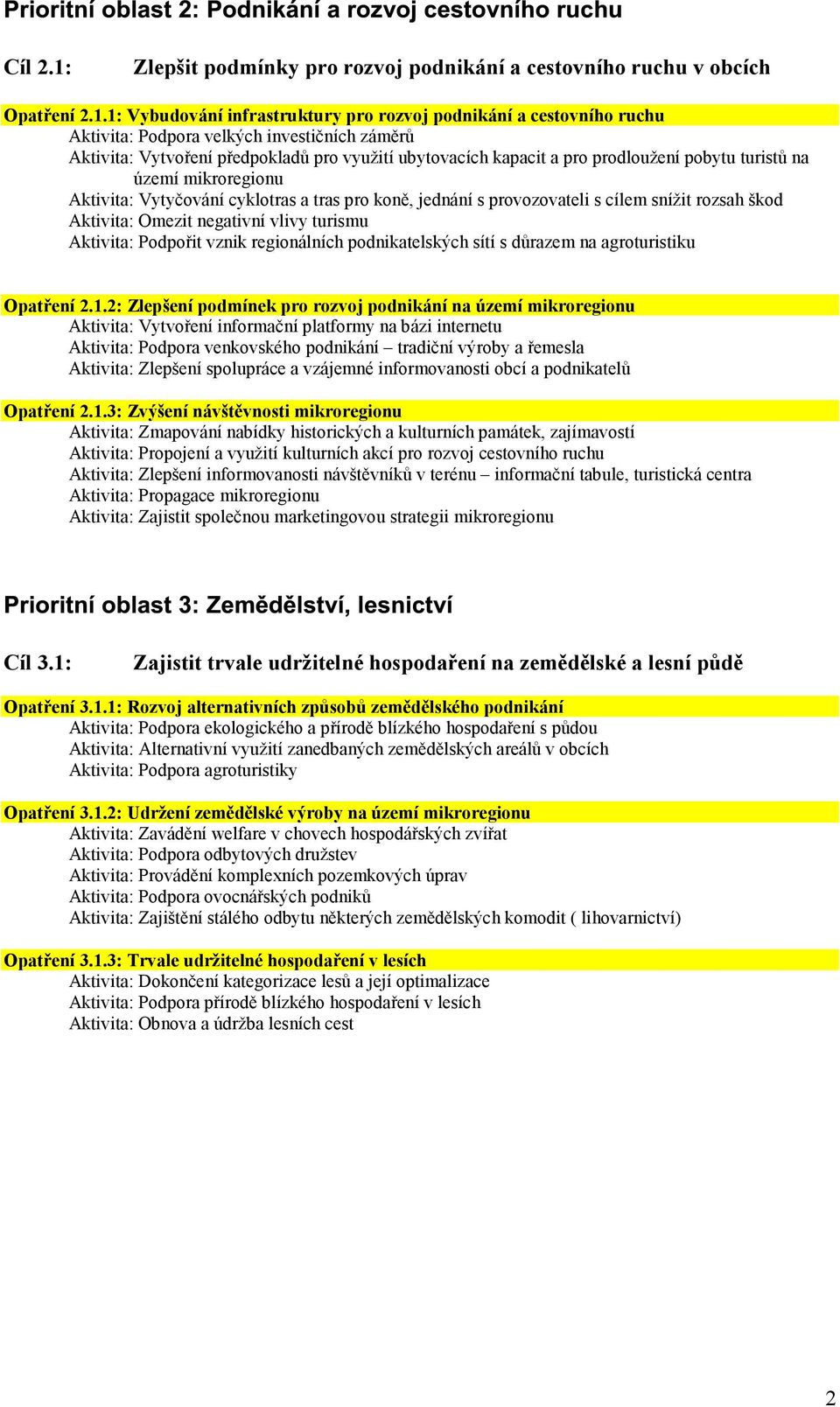 1: Vybudování infrastruktury pro rozvoj podnikání a cestovního ruchu Aktivita: Podpora velkých investičních záměrů Aktivita: Vytvoření předpokladů pro využití ubytovacích kapacit a pro prodloužení