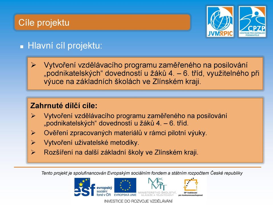 Zahrnuté dílčí cíle: Vytvoření vzdělávacího programu zaměřeného na posilování podnikatelských dovedností u žáků 4.