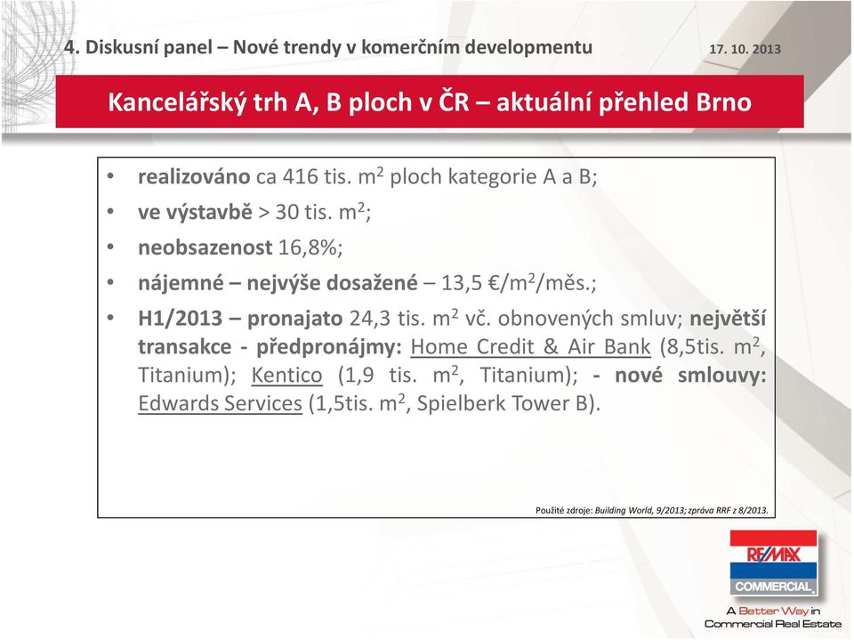 bnvených smluv; největší transakce - předprnájmy: Hme Credit & Air Bank (8,5tis. m 2, Titanium); Kentic (1,9 tis.