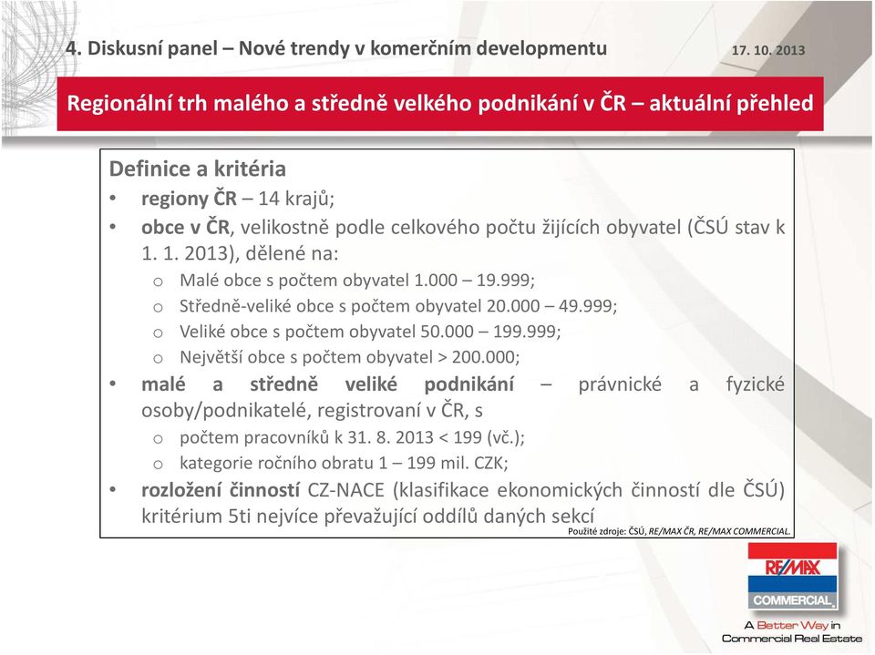 999; Největší bce s pčtem byvatel > 200.000; malé a středně veliké pdnikání právnické a fyzické sby/pdnikatelé, registrvaní v ČR, s pčtempracvníkůk31.8.2013<199(vč.