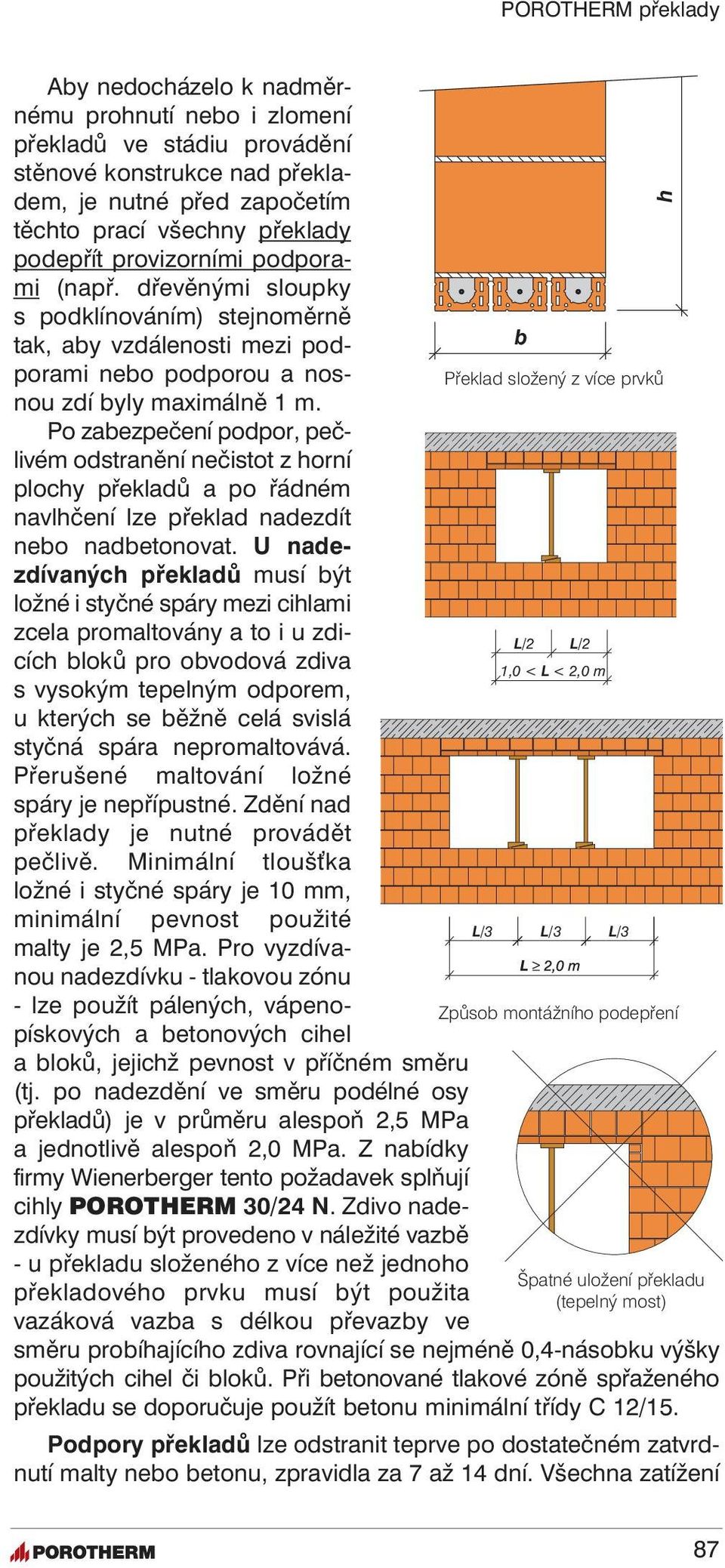 Po zabezpečení podpor, pečlivém odstranění nečistot z horní plochy překladů a po řádném navlhčení lze překlad nadezdít nebo nadbetonovat.