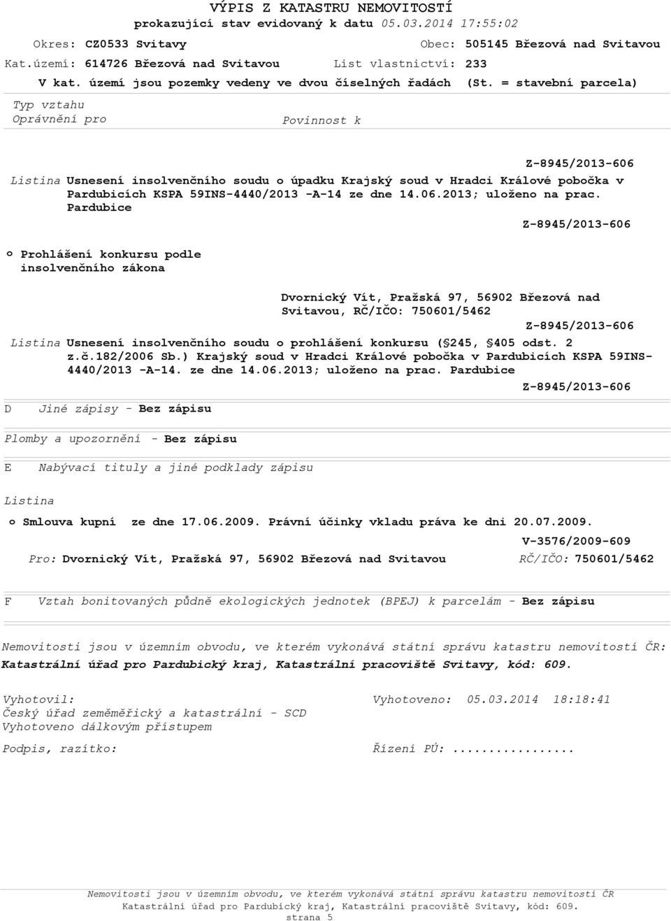 2013; ulžen na prac. Pardubice Prhlášení knkursu pdle inslvenčníh zákna D Svitavu, RČ/IČO: 750601/5462 Usnesení inslvenčníh sudu prhlášení knkursu ( 245, 405 dst. 2 z.č.182/2006 Sb.