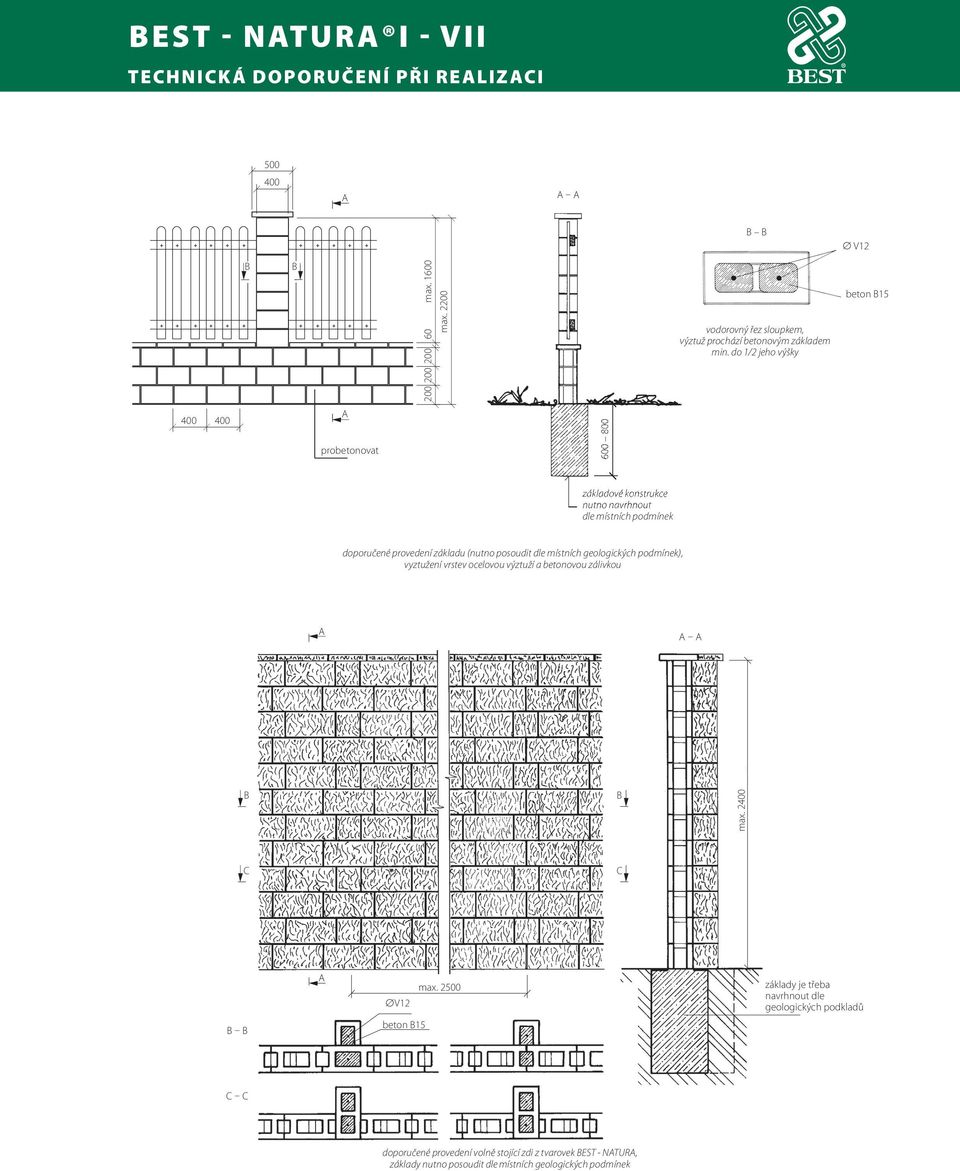 posoudit dle místních geologických podmínek), vyztužení vrstev ocelovou výztuží a betonovou zálivkou max. 2400 C C V12 beton 15 max.