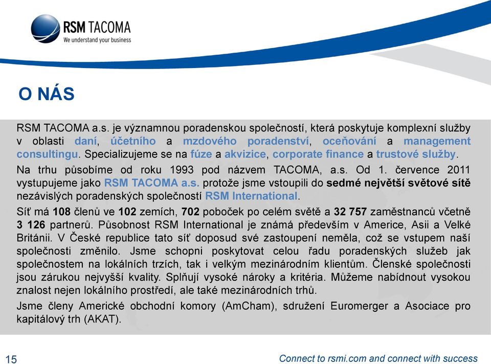Síť má 108 členů ve 102 zemích, 702 poboček po celém světě a 32 757 zaměstnanců včetně 3 126 partnerů. Působnost RSM International je známá především v Americe, Asii a Velké Británii.