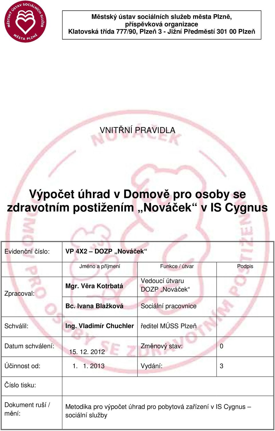 Ivana Blažková Vedoucí útvaru DOZP Nováček Sociální pracovnice Schválil: Ing. Vladimír Chuchler ředitel MÚSS Plzeň Datum schválení: 15. 12.