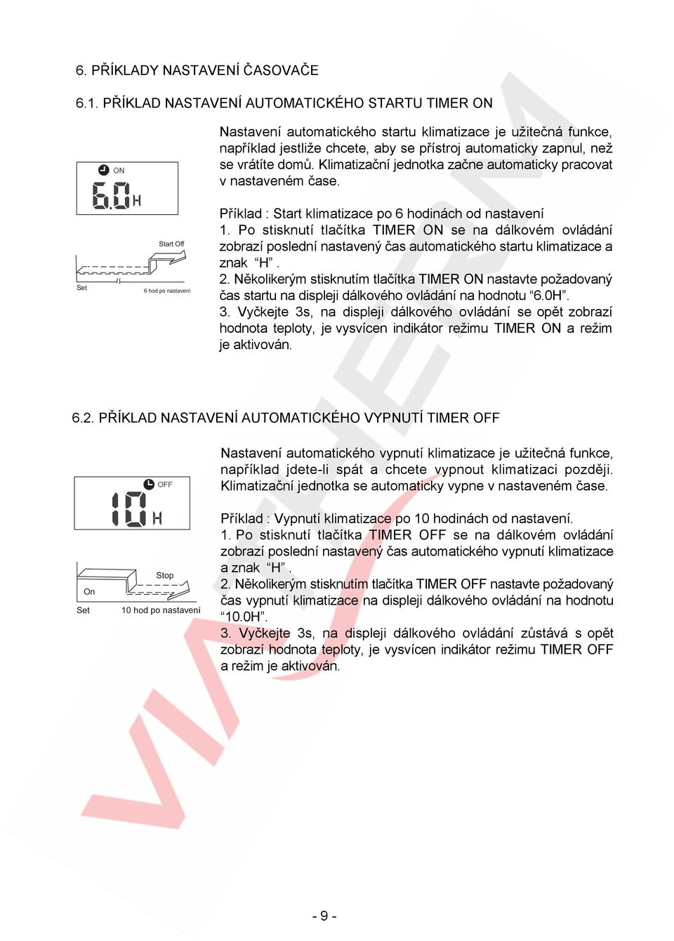 Klimatizační jednotka začne automaticky pracovat v nastaveném čase. Set Start Off 6 hod po nastavení Příklad : Start klimatizace po 6 hodinách od nastavení.