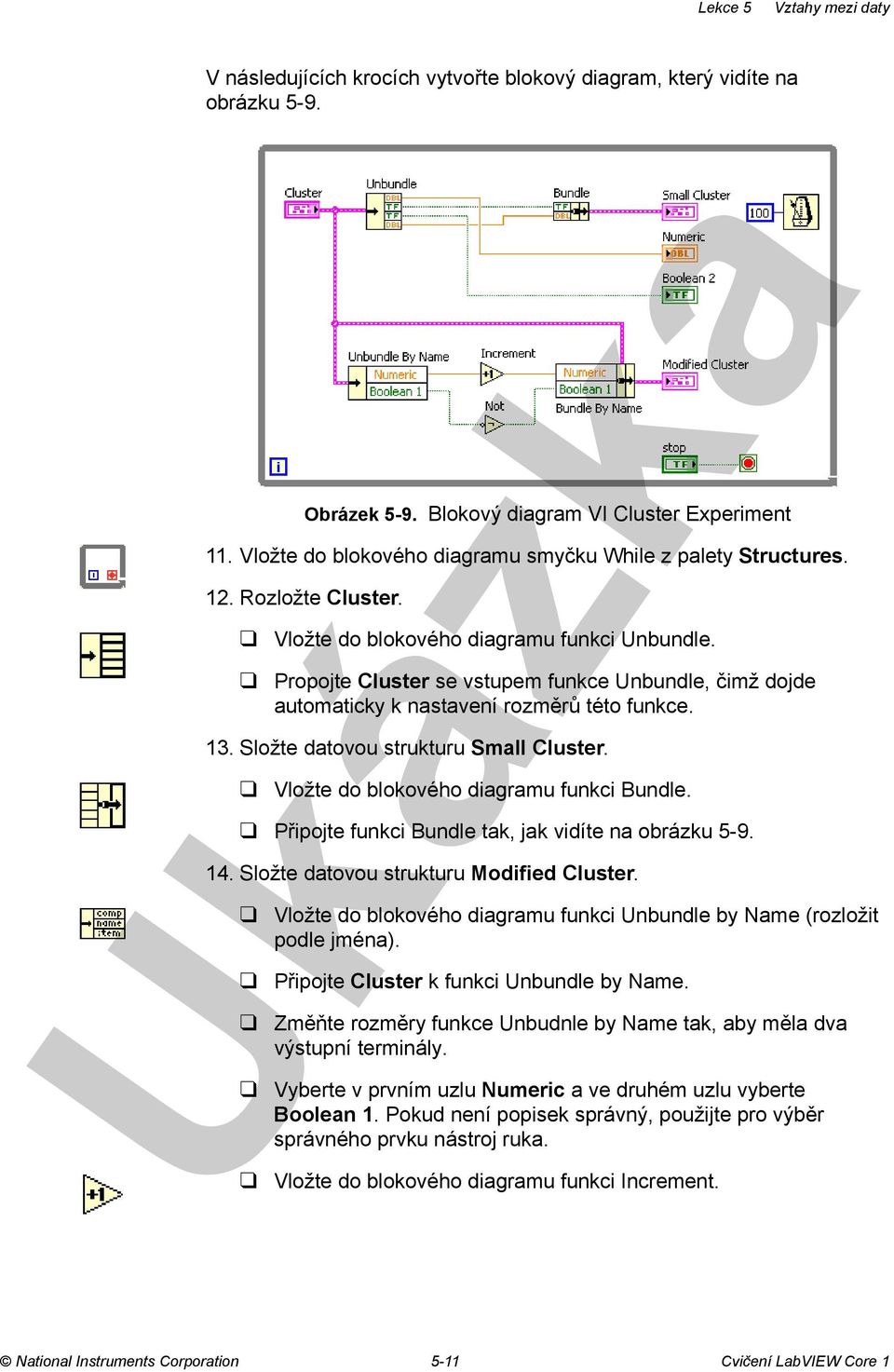 Složte datovou strukturu Small Cluster. Vložte do blokového diagramu funkci Bundle. Připojte funkci Bundle tak, jak vidíte na obrázku 5-9. 14. Složte datovou strukturu Modified Cluster.