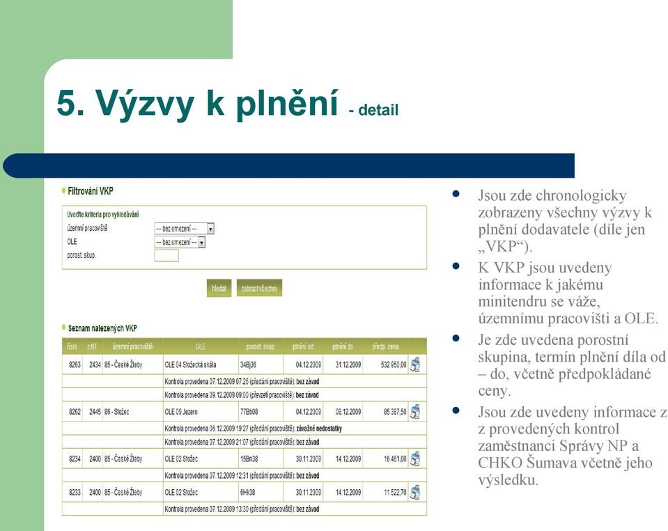K VKP jsou uvedeny informace k jakému minitendru se váže, územnímu pracovišti a OLE.