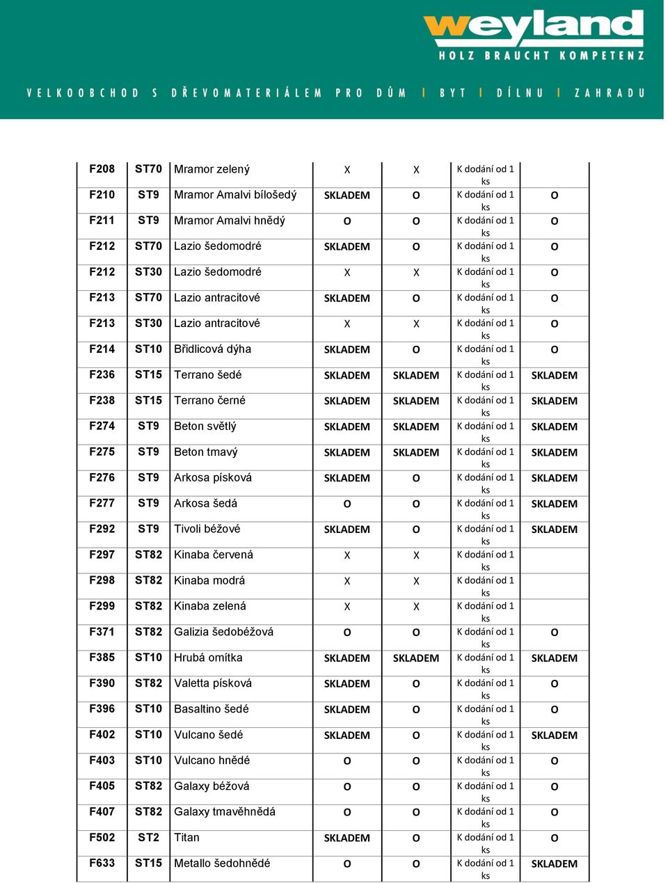 K dodání od 1 F274 ST9 Beton světlý K dodání od 1 F27 ST9 Beton tmavý K dodání od 1 F276 ST9 Arkosa písková K dodání od 1 F277 ST9 Arkosa šedá K dodání od 1 F292 ST9 Tivoli béžové K dodání od 1 F297
