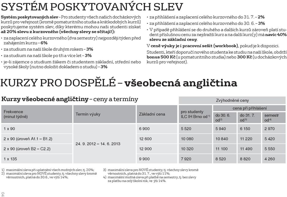 ): za zaplacení celého kurzovného (dva y) nejpozději týden před zahájením kurzu 6% za studium na naší škole druhým rokem 3% za studium na naší škole po tři a více let 3% je li zájemce o studium žákem