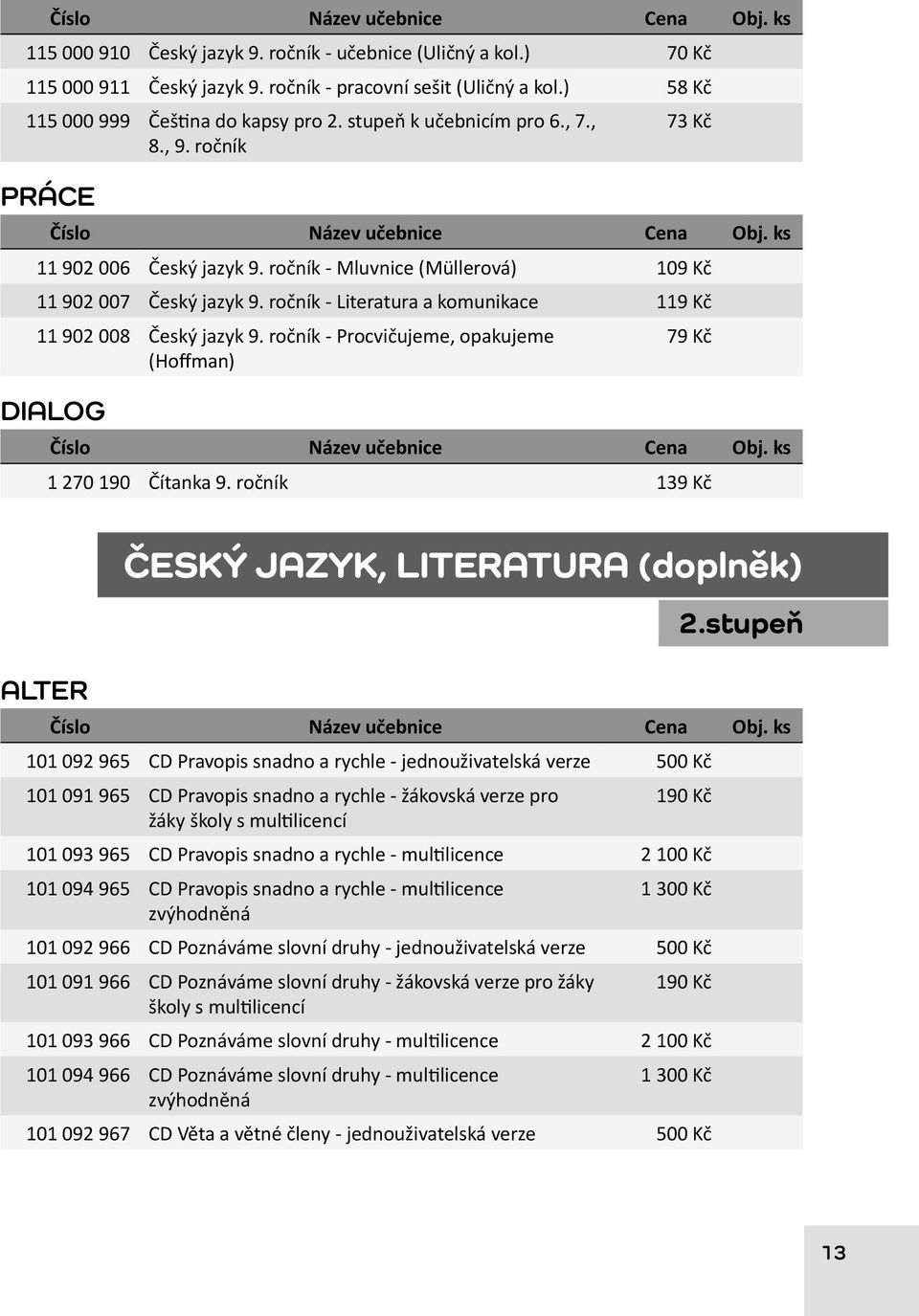 ročník - Literatura a komunikace 119 Kč 11 902 008 Český jazyk 9. ročník - Procvičujeme, opakujeme (Hoffman) DIALOG 79 Kč 1 270 190 Čítanka 9. ročník 139 Kč ALTER ČESKÝ JAZYK, LITERATURA (doplněk) 2.