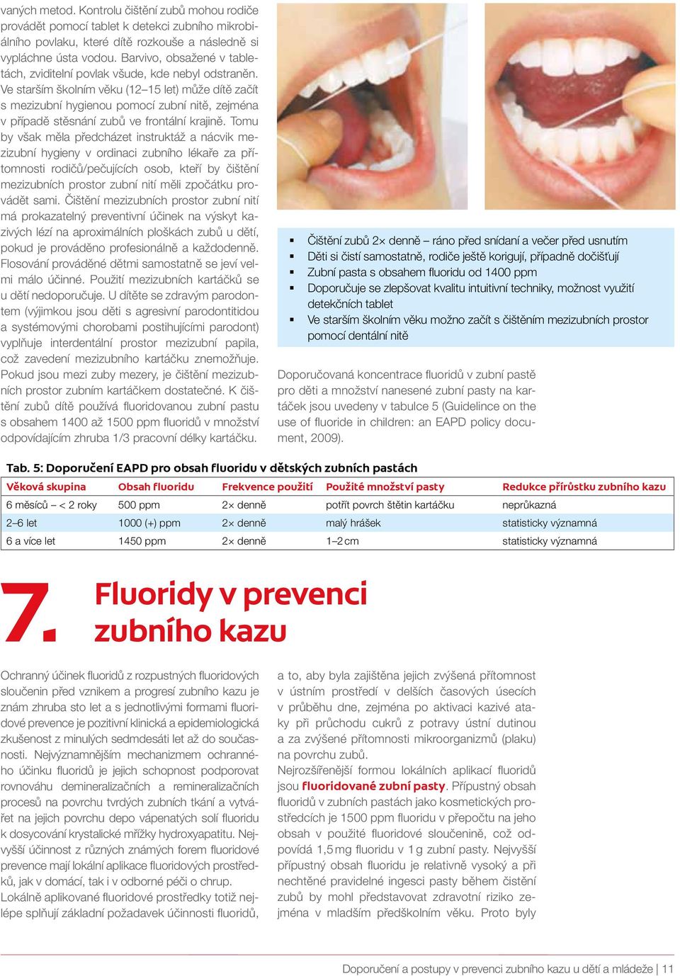 Ve starším školním věku (12 15 let) může dítě začít s mezizubní hygienou pomocí zubní nitě, zejména v případě stěsnání zubů ve frontální krajině.