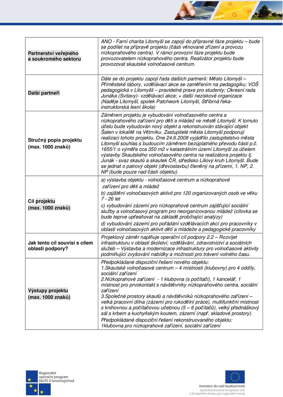 1000 znaků) Cíl projektu (max. 1000 znaků) Jak tento cíl souvisí s cílem oblasti podpory? Výstupy projektu (max.