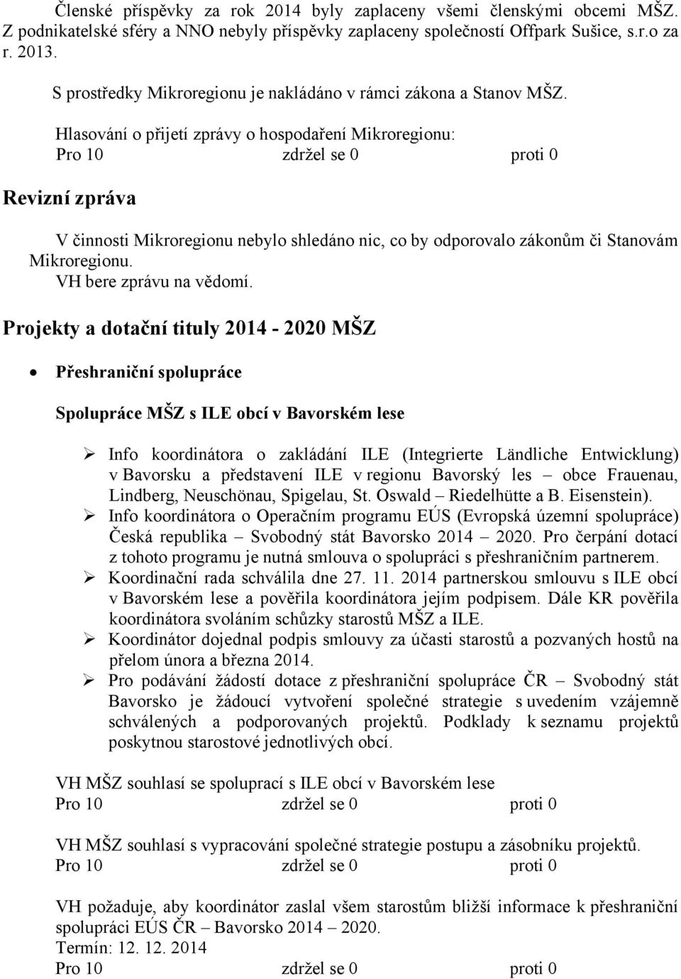 Hlasování o přijetí zprávy o hospodaření Mikroregionu: Revizní zpráva V činnosti Mikroregionu nebylo shledáno nic, co by odporovalo zákonům či Stanovám Mikroregionu. VH bere zprávu na vědomí.
