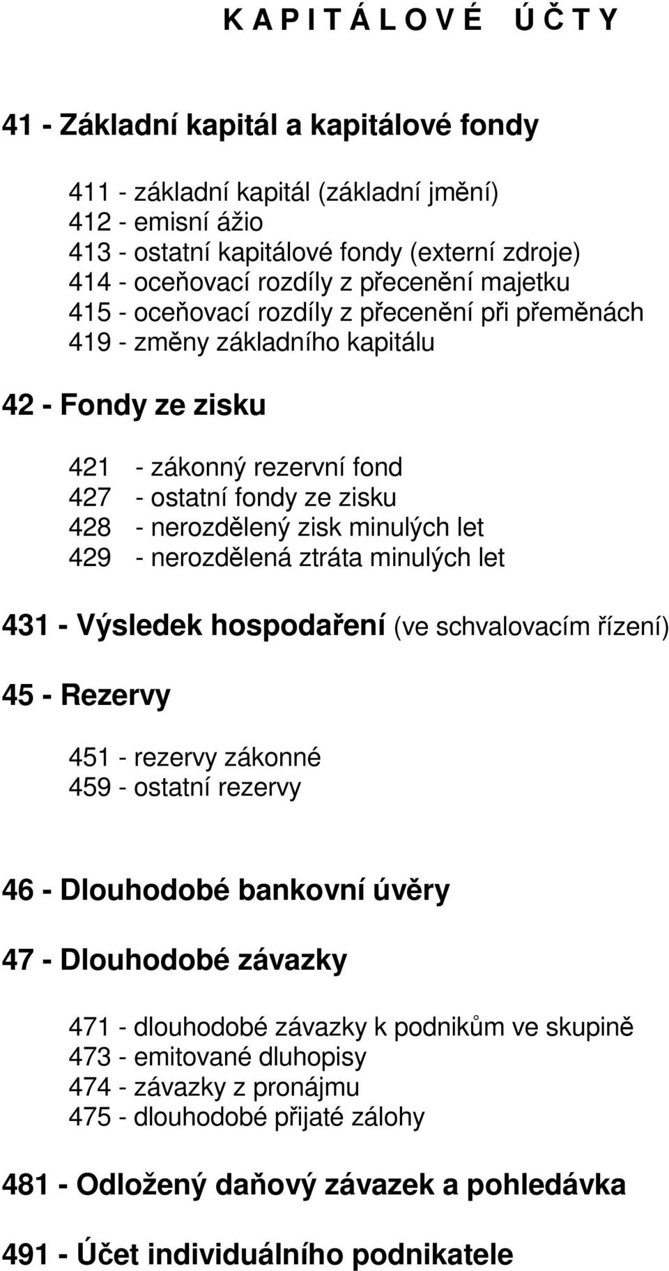 zisk minulých let 429 - nerozdělená ztráta minulých let 431 - Výsledek hospodaření (ve schvalovacím řízení) 45 - Rezervy 451 - rezervy zákonné 459 - ostatní rezervy 46 - Dlouhodobé bankovní úvěry 47