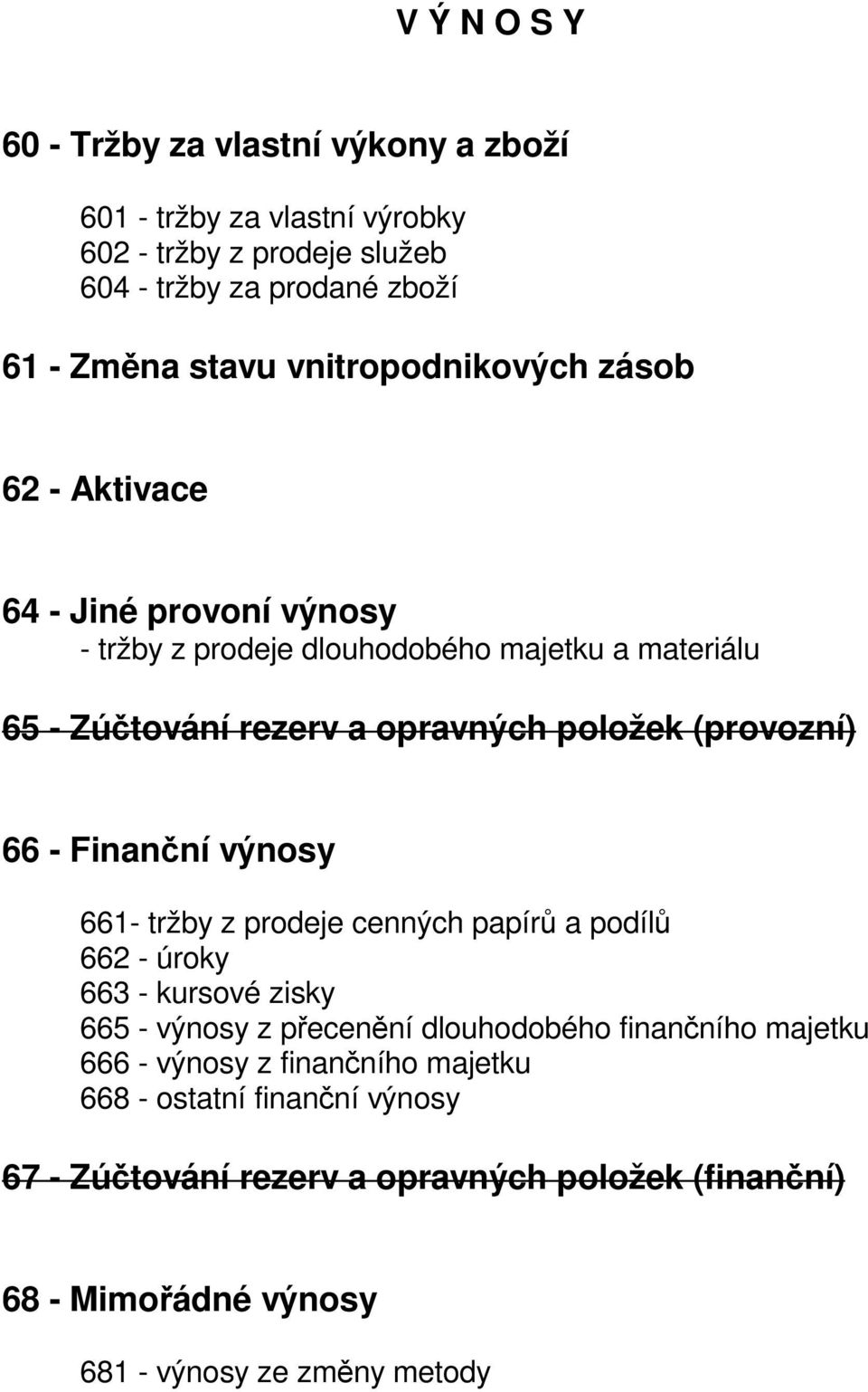 (provozní) 66 - Finanční výnosy 661- tržby z prodeje cenných papírů a podílů 662 - úroky 663 - kursové zisky 665 - výnosy z přecenění dlouhodobého finančního