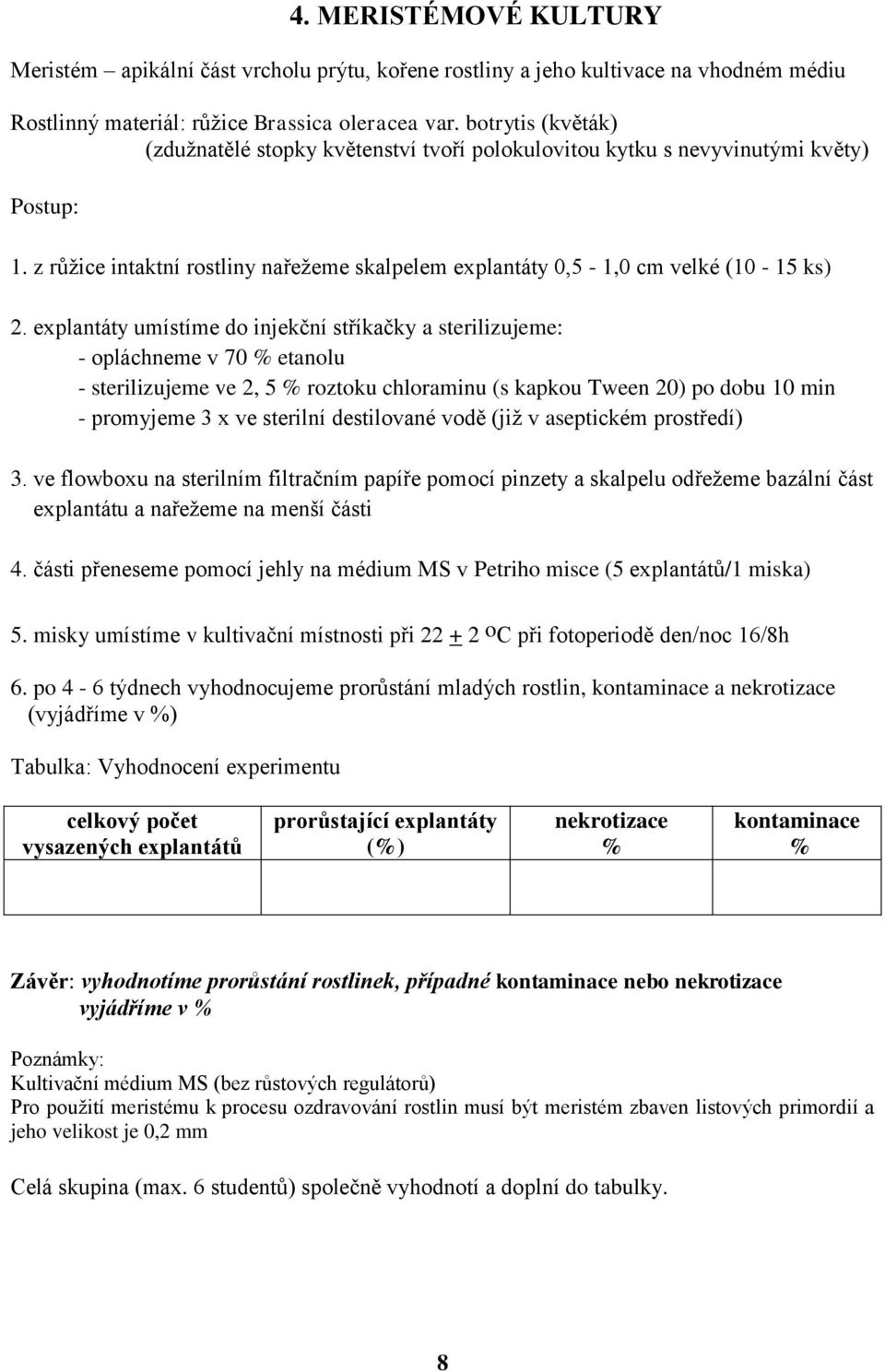 explantáty umístíme do injekční stříkačky a sterilizujeme: - opláchneme v 70 % etanolu - sterilizujeme ve 2, 5 % roztoku chloraminu (s kapkou Tween 20) po dobu 10 min - promyjeme 3 x ve sterilní