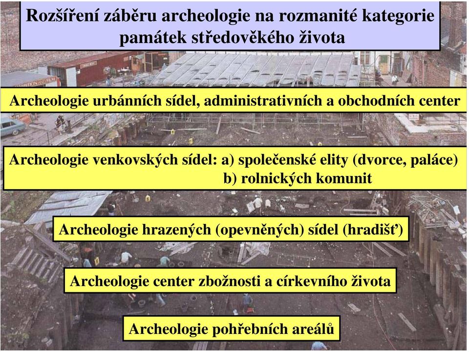 společenské elity (dvorce, paláce) b) rolnických komunit Archeologie hrazených (opevněných)