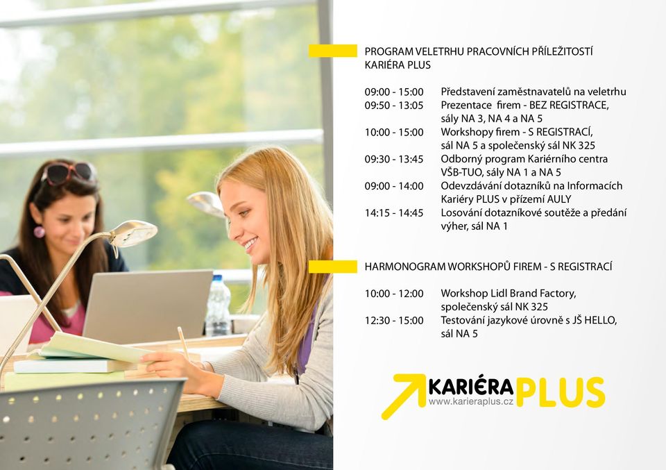 Kariérního centra VŠB-TUO, sály NA 1 a NA 5 Odevzdávání dotazníků na Informacích Kariéry PLUS v přízemí AULY Losování dotazníkové soutěže a předání výher, sál
