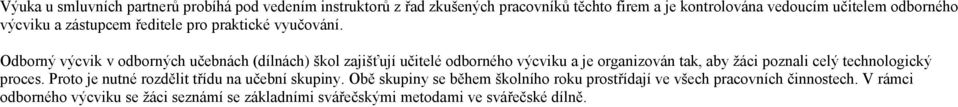Odborný výcvik v odborných učebnách (dílnách) škol zajišťují učitelé odborného výcviku a je organizován tak, aby žáci poznali celý