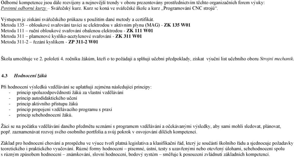 Metoda 135 obloukové svařování tavící se elektrodou v aktivním plynu (MAG) - ZK 135 W01 Metoda 111 ruční obloukové svařování obalenou elektrodou - ZK 111 W01 Metoda 311 plamenové kyslíko-acetylenové