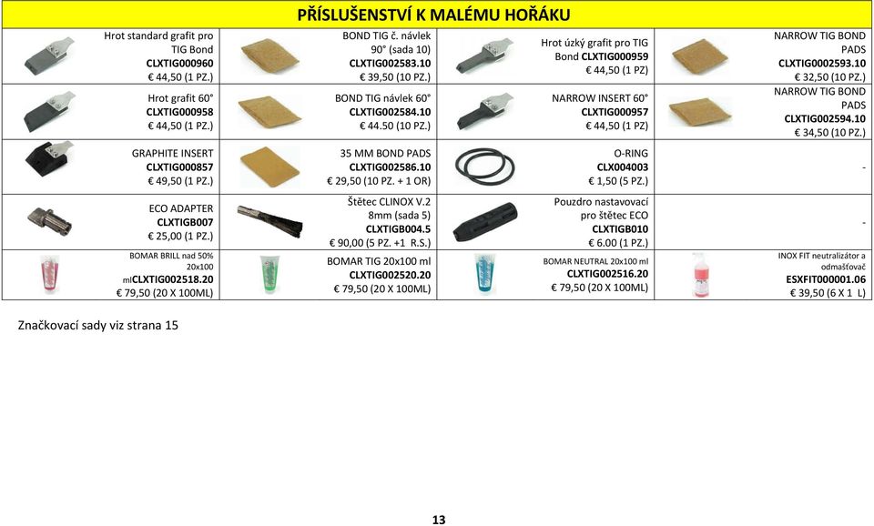 ) BOND TIG návlek 60 CLXTIG002584.10 44.50 (10 PZ.) 35 MM BOND PADS CLXTIG002586.10 29,50 (10 PZ. + 1 OR) Štětec CLINOX V.2 8mm (sada 5) CLXTIGB004.5 90,00 (5 PZ. +1 R.S.) BOMAR TIG 20x100 ml CLXTIG002520.