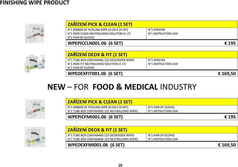 06 (6 SET) 195 ZAŘÍZENÍ DEOX & FIT (1 SET) N 1 TUBE BOX CONTAINING 125 DEOXIDIZER WIPES N 1 SPRAYER N 1 INOX FIT NEUTRALISING SOLUTION (1 LT) N 1 INSTRUCTION LEAF N 1 PAIR OF GLOVES WPEDEXFIT001.