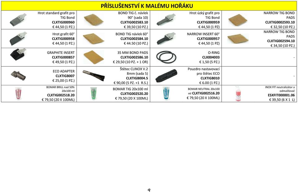 10 29,50 (10 PZ. + 1 OR) Štětec CLINOX V.2 8mm (sada 5) CLXTIGB004.5 90,00 (5 PZ. +1 R.S.) BOMAR TIG 20x100 ml CLXTIG002520.