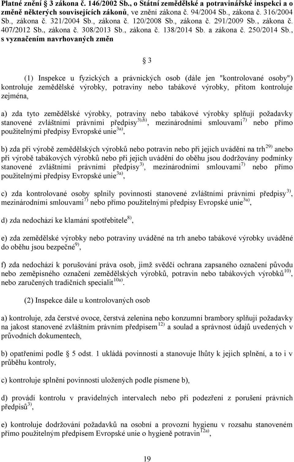 , s vyznačením navrhovaných změn 3 (1) Inspekce u fyzických a právnických osob (dále jen "kontrolované osoby") kontroluje zemědělské výrobky, potraviny nebo tabákové výrobky, přitom kontroluje