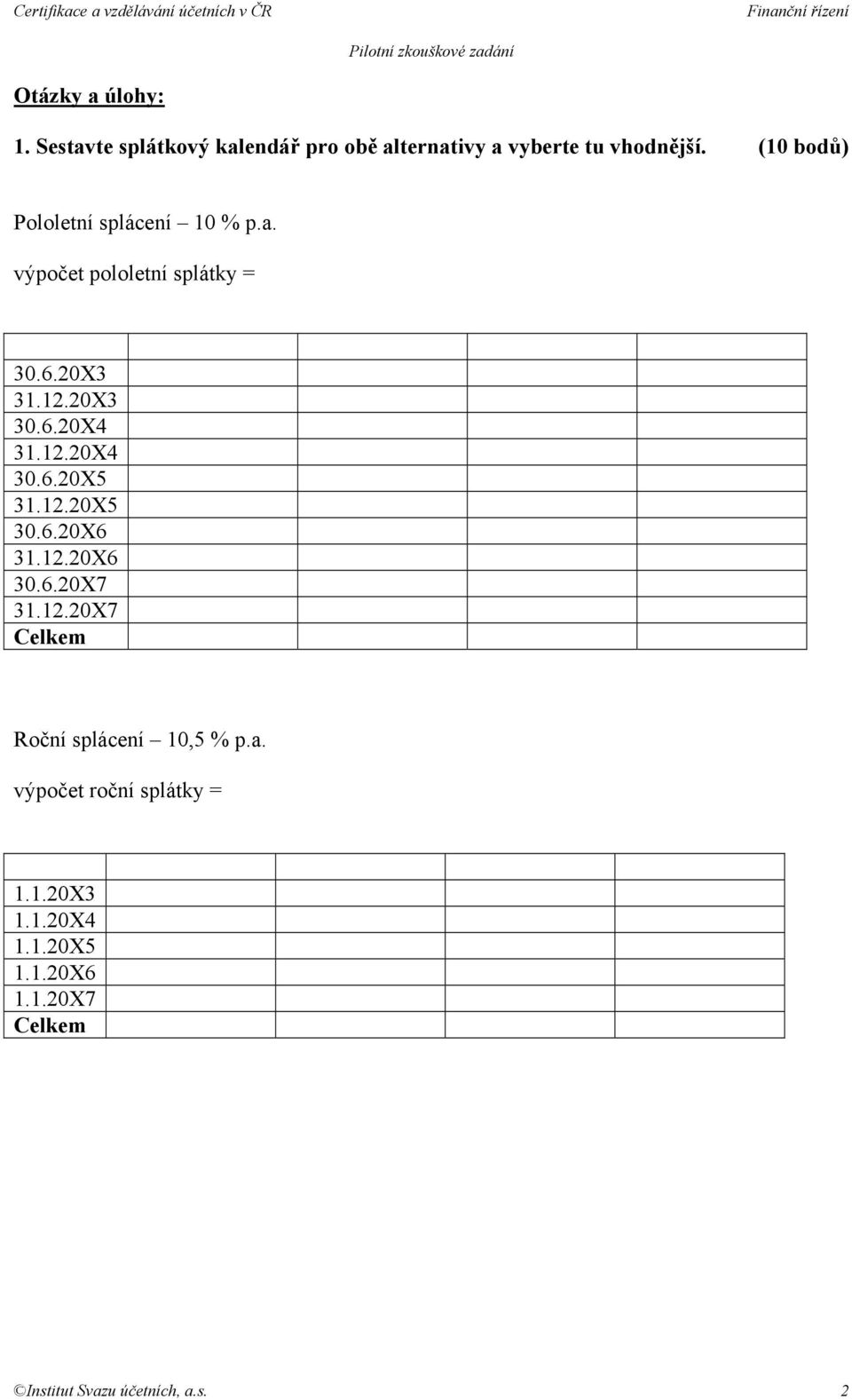 12.20X4 30.6.20X5 31.12.20X5 30.6.20X6 31.12.20X6 30.6.20X7 31.12.20X7 Celkem Roční splácení 10,5 % p.