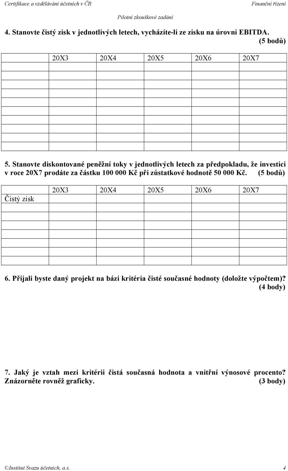 hodnotě 50 000 Kč. (5 bodů) Čistý zisk 20X3 20X4 20X5 20X6 20X7 6.