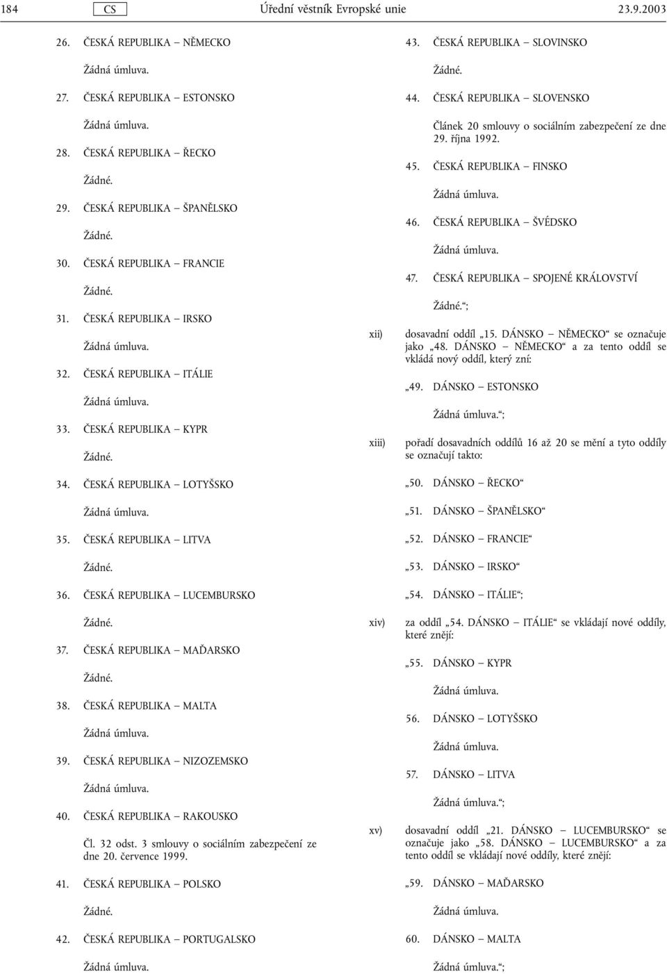 ČESKÁ REPUBLIKA SLOVENSKO Článek 20 smlouvy o sociálním zabezpečení ze dne 29. října 1992. 45. ČESKÁ REPUBLIKA FINSKO 46. ČESKÁ REPUBLIKA ŠVÉDSKO 47.