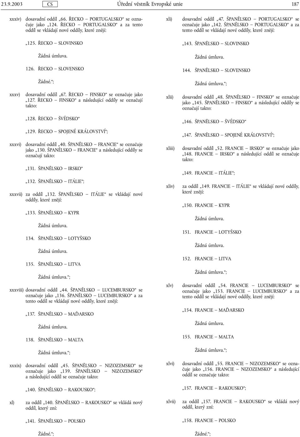 ŠPANĚLSKO SLOVENSKO ; xxxv) dosavadní oddíl 67. ŘECKO FINSKO se označuje jako 127. ŘECKO FINSKO a následující oddíly se označují takto: xlii) dosavadní oddíl 48. ŠPANĚLSKO FINSKO se označuje jako 145.