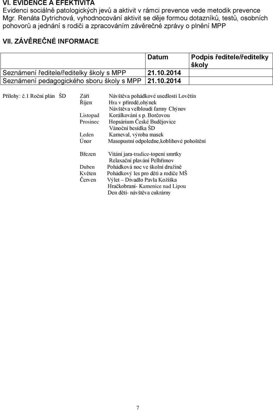 ZÁVĚREČNÉ INFORMACE Datum Seznámení ředitele/ředitelky školy s MPP 21.10.2014 Seznámení pedagogického sboru školy s MPP 21.10.2014 Podpis ředitele/ředitelky školy Přílohy: č.