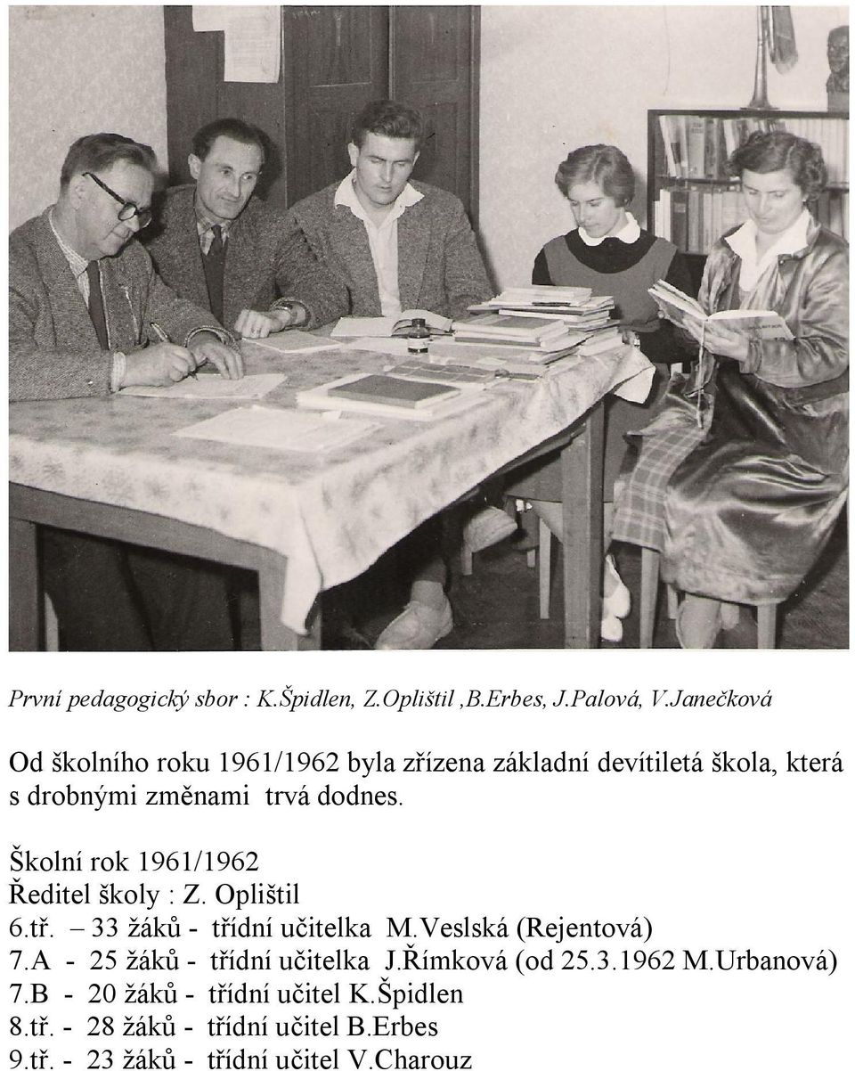 Školní rok 1961/1962 Ředitel školy : Z. Oplištil 6.tř. 33 žáků - třídní učitelka M.Veslská (Rejentová) 7.