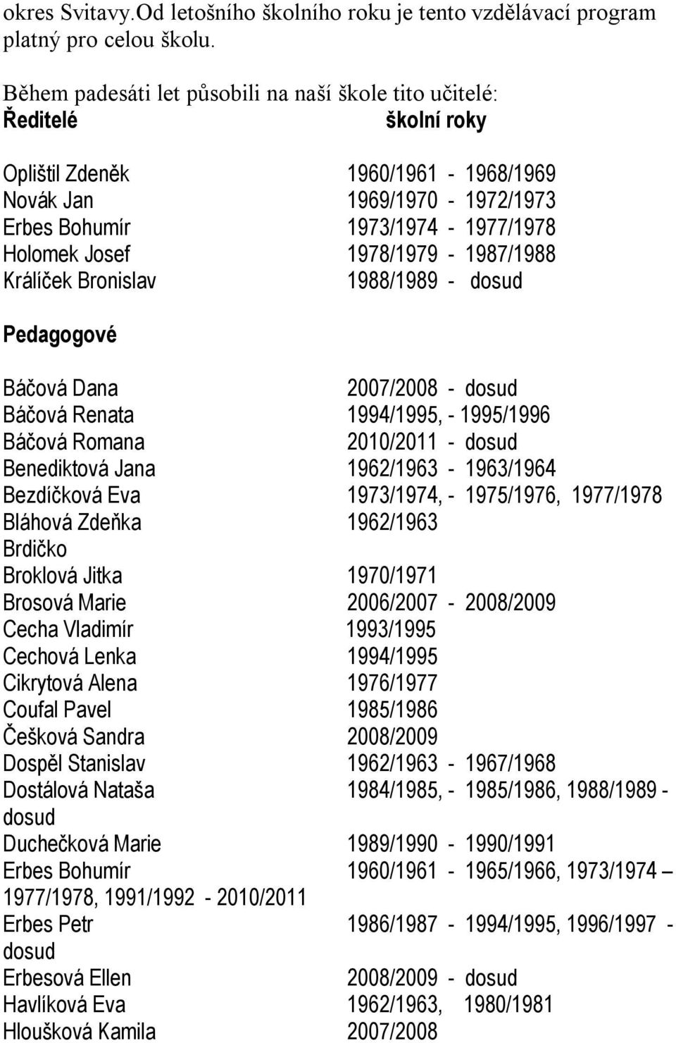 1978/1979-1987/1988 Králíček Bronislav 1988/1989 - dosud Pedagogové Báčová Dana 2007/2008 - dosud Báčová Renata 1994/1995, - 1995/1996 Báčová Romana 2010/2011 - dosud Benediktová Jana