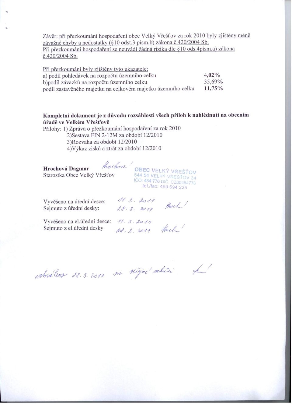 Při přezkoumání byly zjištěny tyto ukazatele: a) podíl pohledávek na rozpočtu územního celku b)podíl závazků na rozpočtu územního celku podíl zastavěného majetku na celkovém majetku územního celku