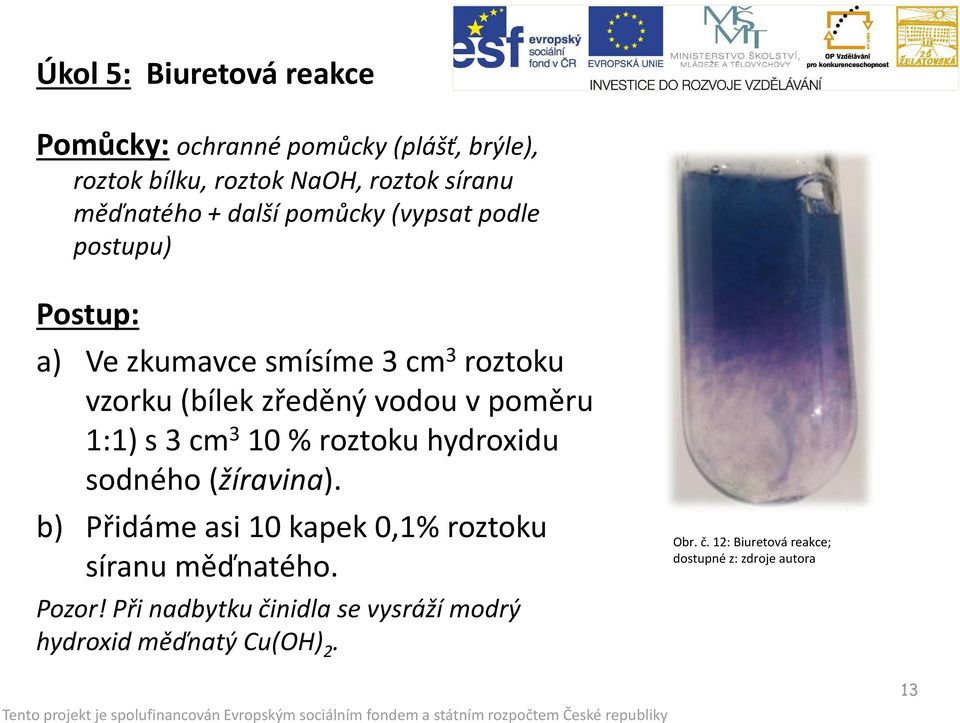 1:1) s 3 cm 3 10 % roztoku hydroxidu sodného (žíravina). b) Přidáme asi 10 kapek 0,1% roztoku síranu měďnatého. Pozor!