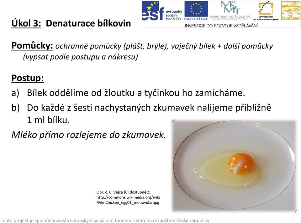 b) Do každé z šesti nachystaných zkumavek nalijeme přibližně 1 ml bílku.