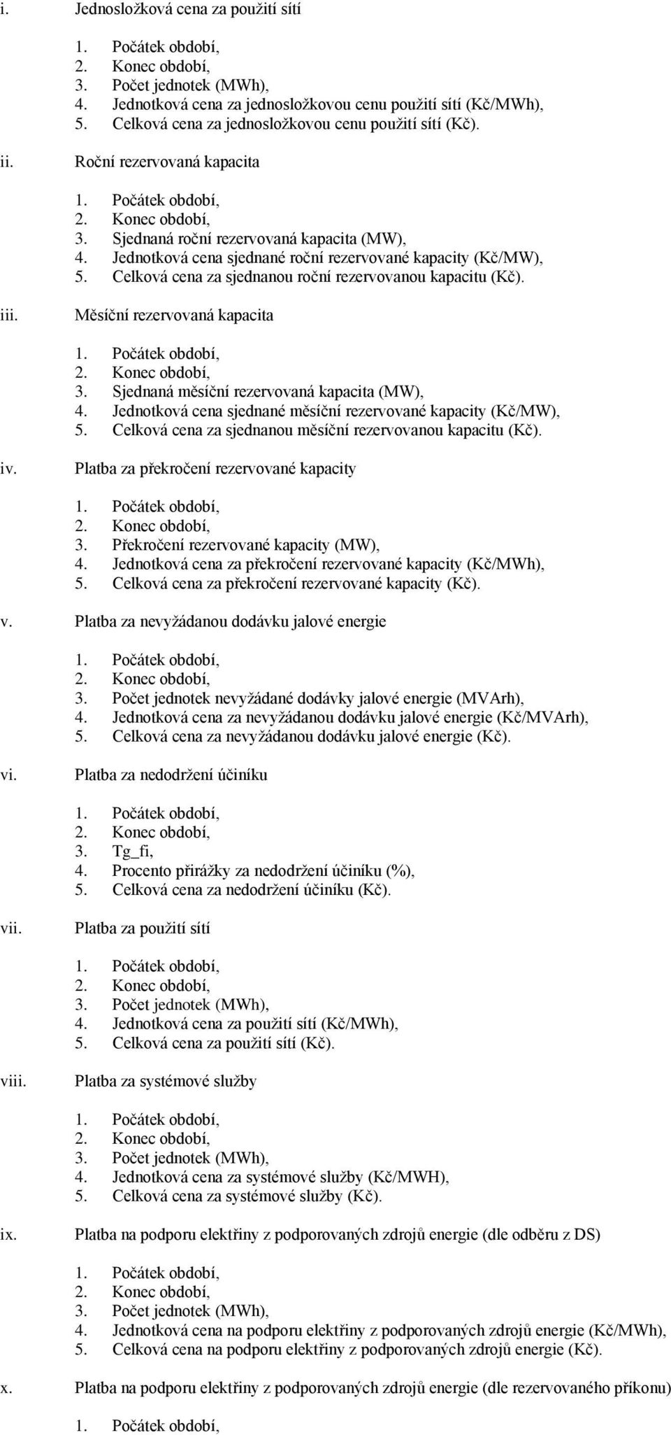 Měsíční rezervovaná kapacita 3. Sjednaná měsíční rezervovaná kapacita (MW), 4. Jednotková cena sjednané měsíční rezervované kapacity (Kč/MW), 5.