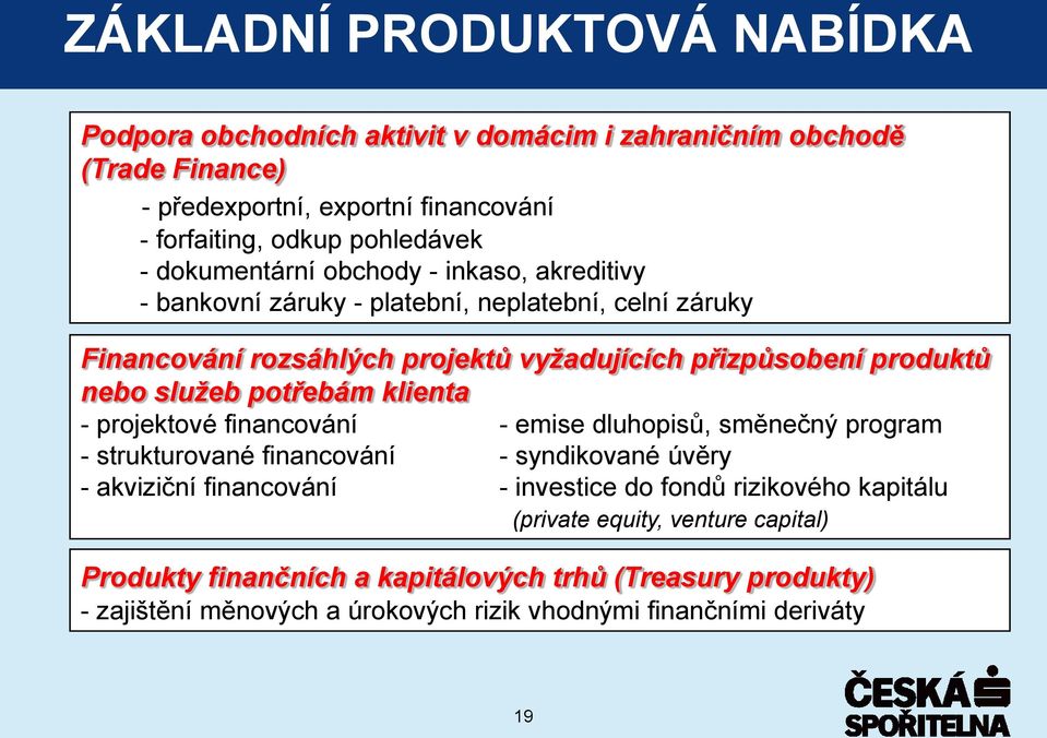 potřebám klienta - projektové financování - emise dluhopisů, směnečný program - strukturované financování - syndikované úvěry - akviziční financování - investice do fondů