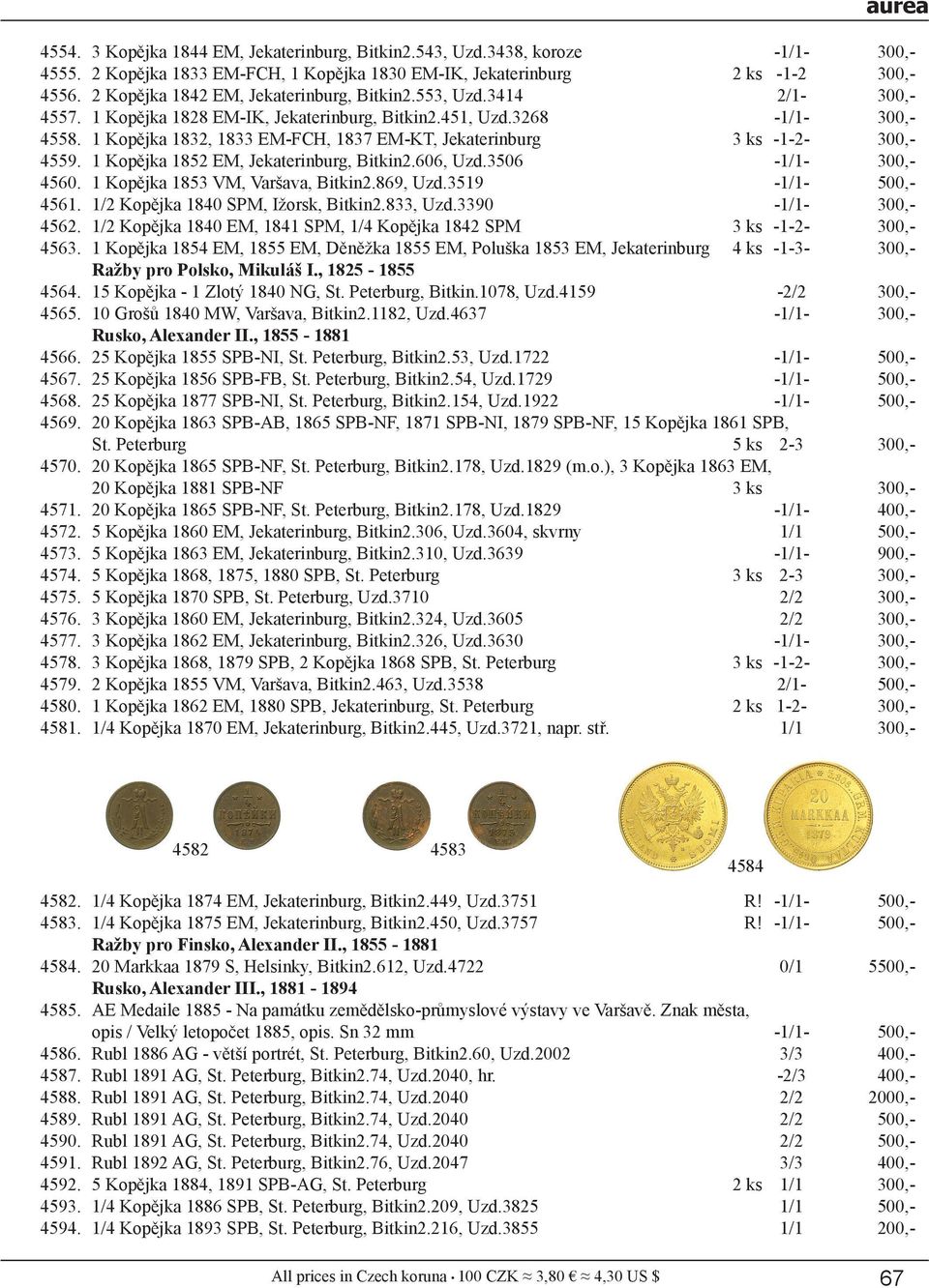 1 Kopějka 1832, 1833 EM-FCH, 1837 EM-KT, Jekaterinburg 3 ks -1-2- 300,- 4559. 1 Kopějka 1852 EM, Jekaterinburg, Bitkin2.606, Uzd.3506 300,- 4560. 1 Kopějka 1853 VM, Varšava, Bitkin2.869, Uzd.