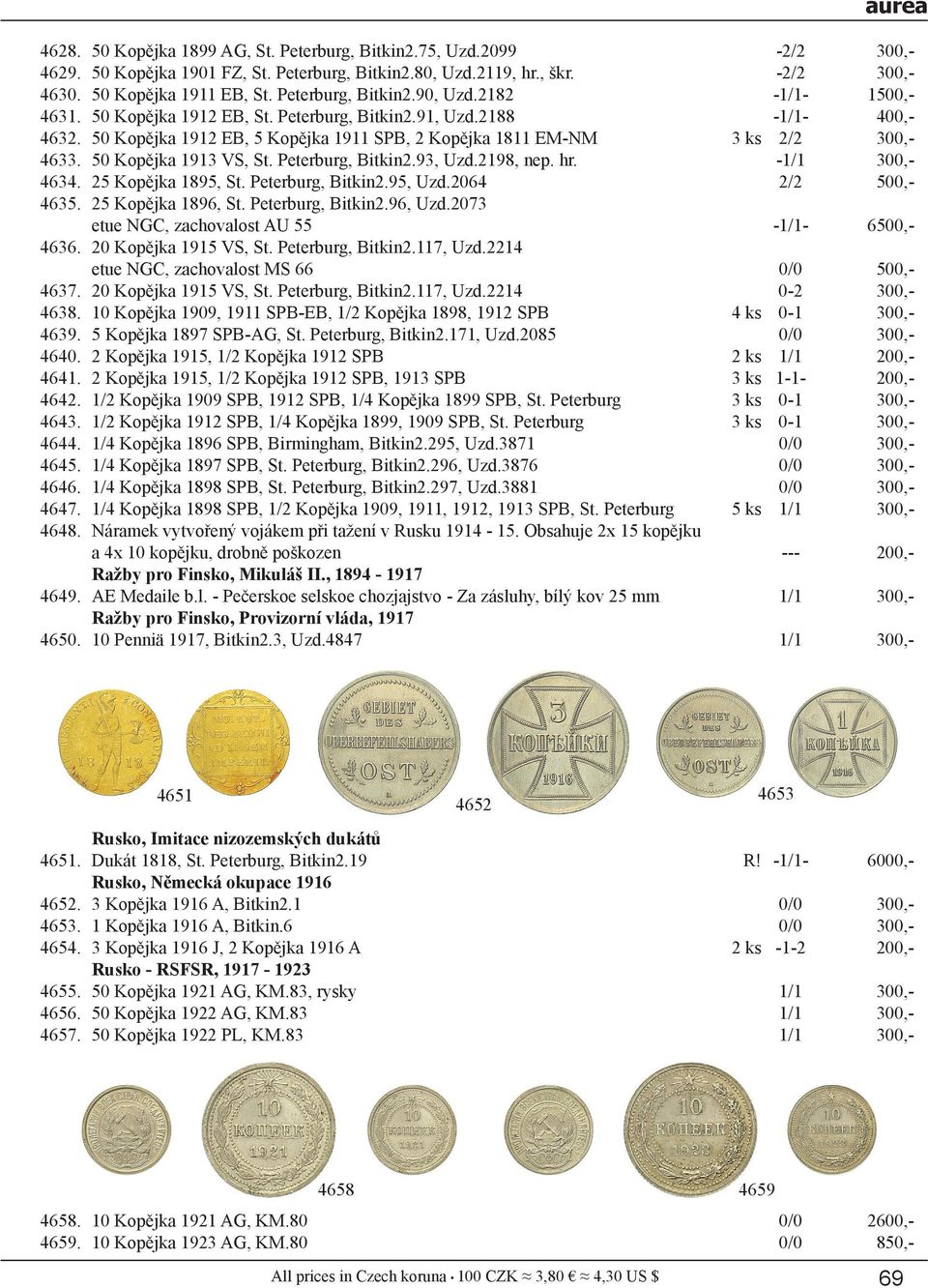 50 Kopějka 1913 VS, St. Peterburg, Bitkin2.93, Uzd.2198, nep. hr. -1/1 300,- 4634. 25 Kopějka 1895, St. Peterburg, Bitkin2.95, Uzd.2064 2/2 500,- 4635. 25 Kopějka 1896, St. Peterburg, Bitkin2.96, Uzd.