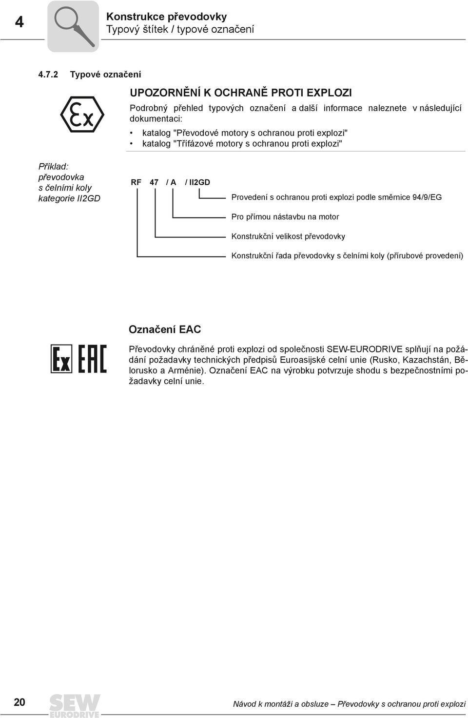 katalog "T ífázové motory s ochranou proti explozi" P íklad: p evodovka s elním koly kate or e 2GD RF 47 / A / II2GD Provedení s ochranou proti explozi podle sm rnice 94/9/EG Pro p ímou nástavbu na