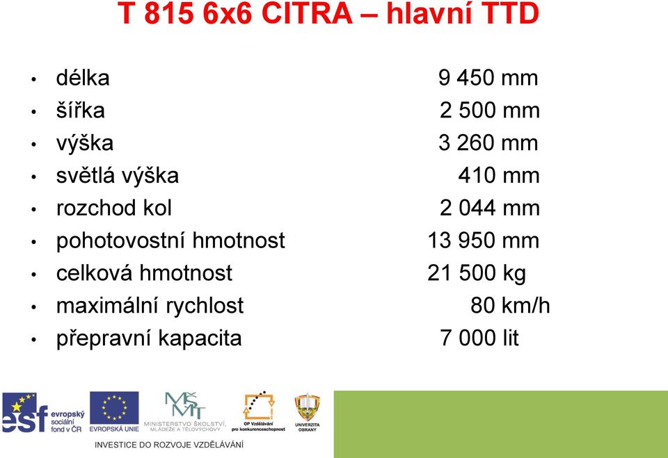 pohotovostní hmotnost 13 950 mm celková hmotnost 21 500