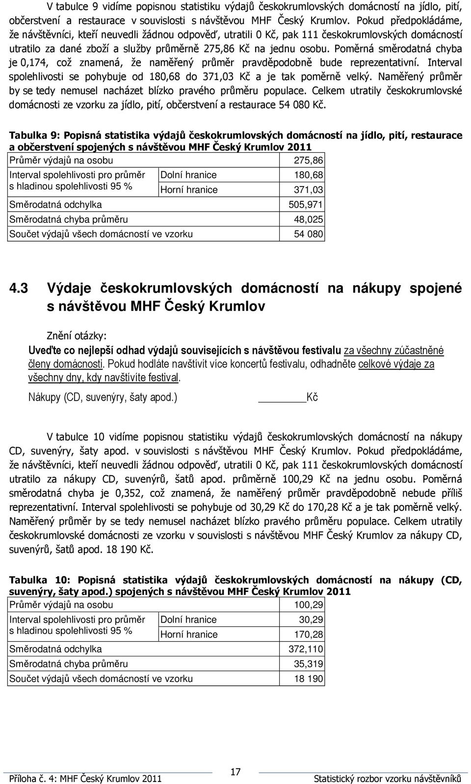 Poměrná směrodatná chyba je 0,174, což znamená, že naměřený průměr pravděpodobně bude reprezentativní. Interval spolehlivosti se pohybuje od 180,68 do 371,03 Kč a je tak poměrně velký.