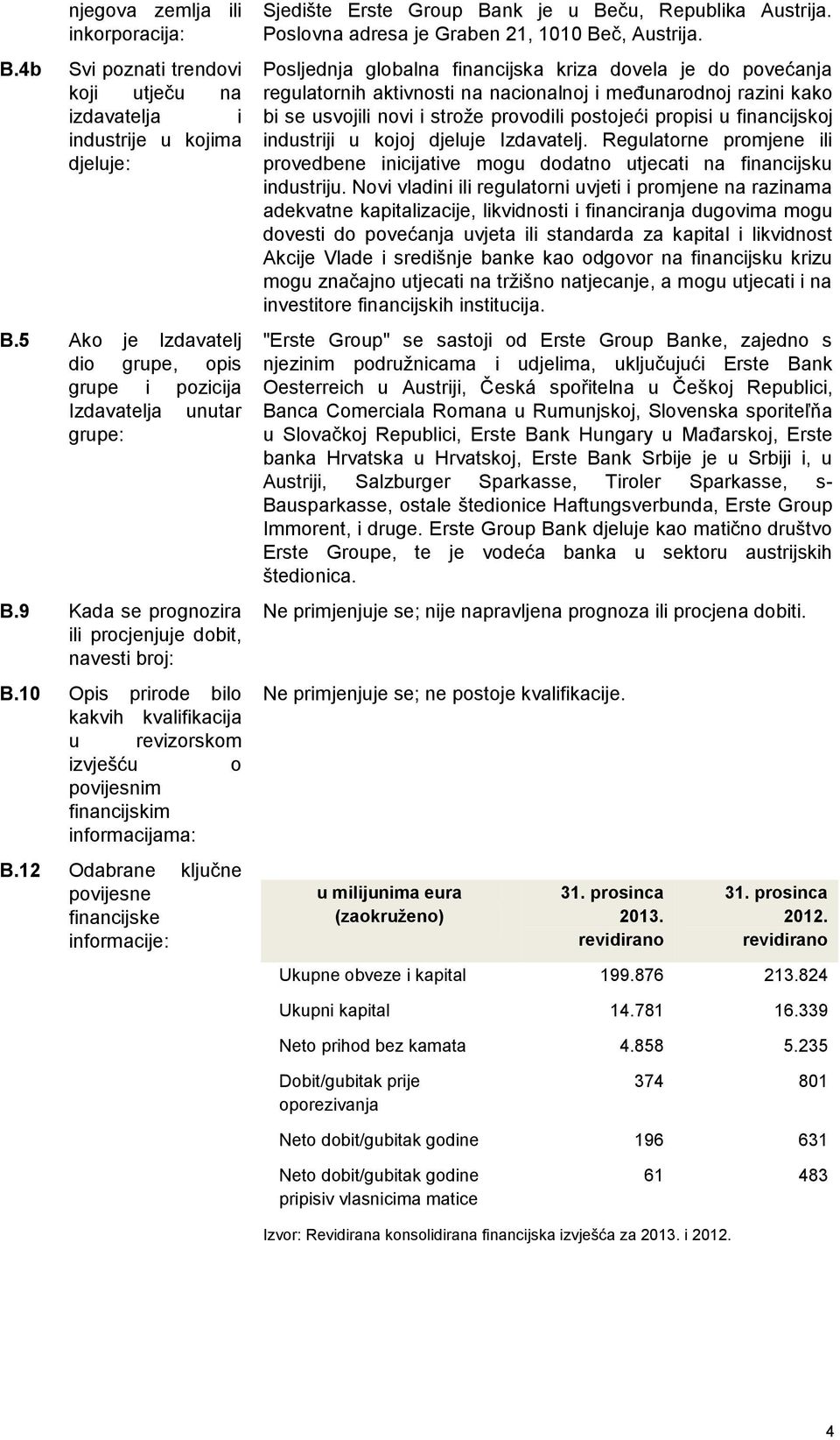 10 Opis prirode bilo kakvih kvalifikacija u revizorskom izvješću o povijesnim financijskim informacijama: B.